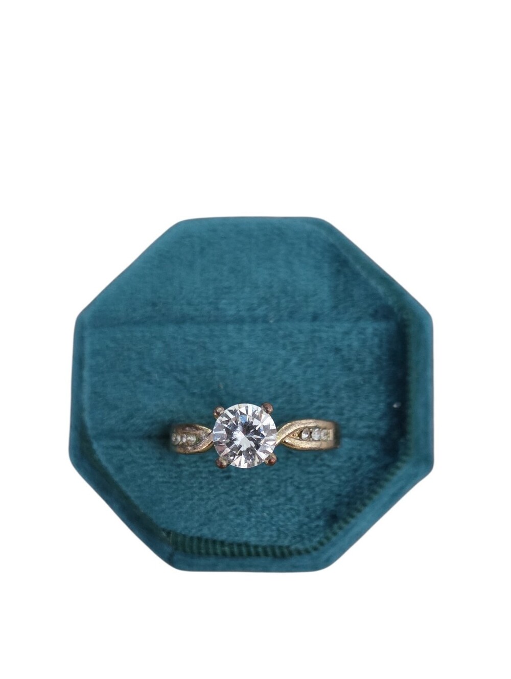 Size 9 Gold Toned Solitaire Engagement Ring with Pavé Shoulders